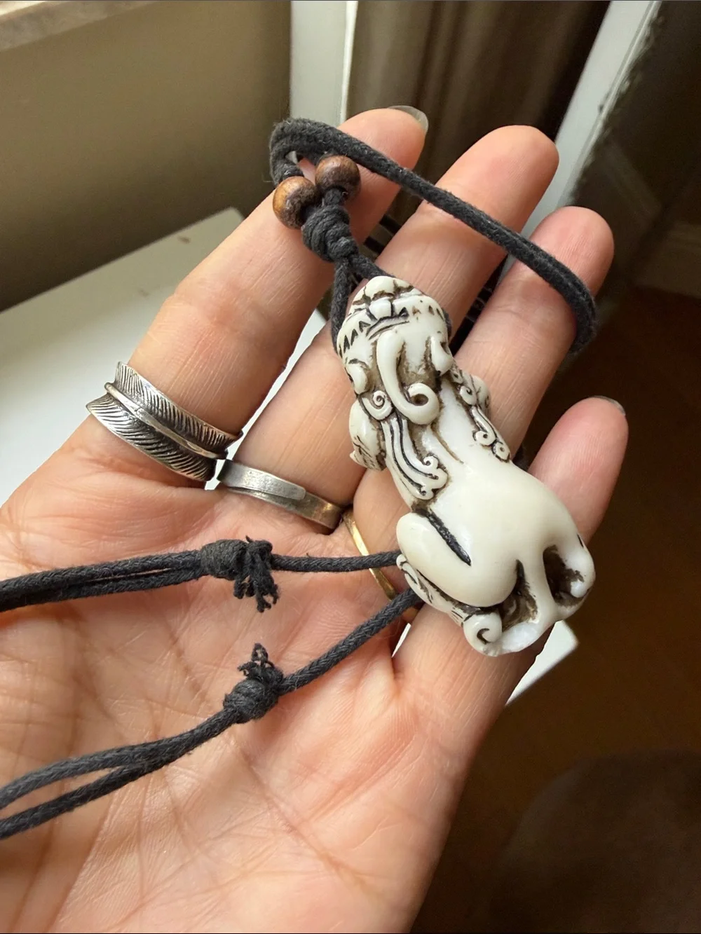 Vintage Handcrafted White Chinese dragon Pendant Necklace with Black Cord